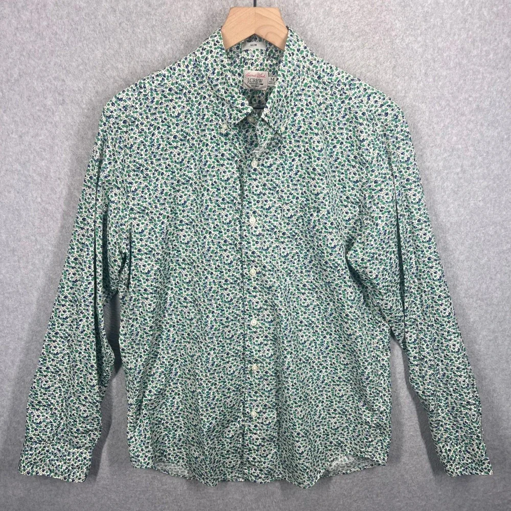 J Crew Secret Wash‎ Button Down Mens M Green Floral Long Sleeve Slim Fit EUC